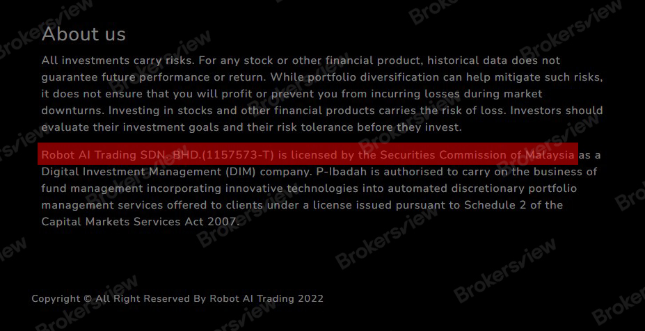 Robot AI Trading claims to be regulated by SC Malaysia.