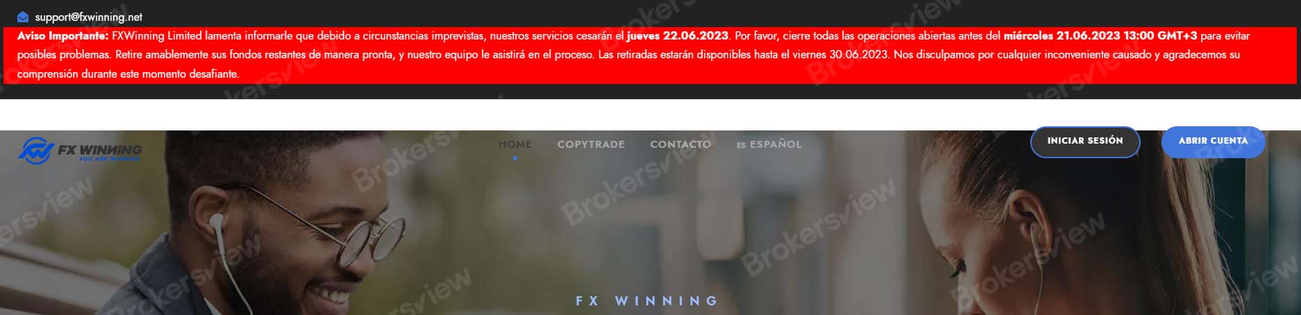 FxWinning informs of ceasing services
