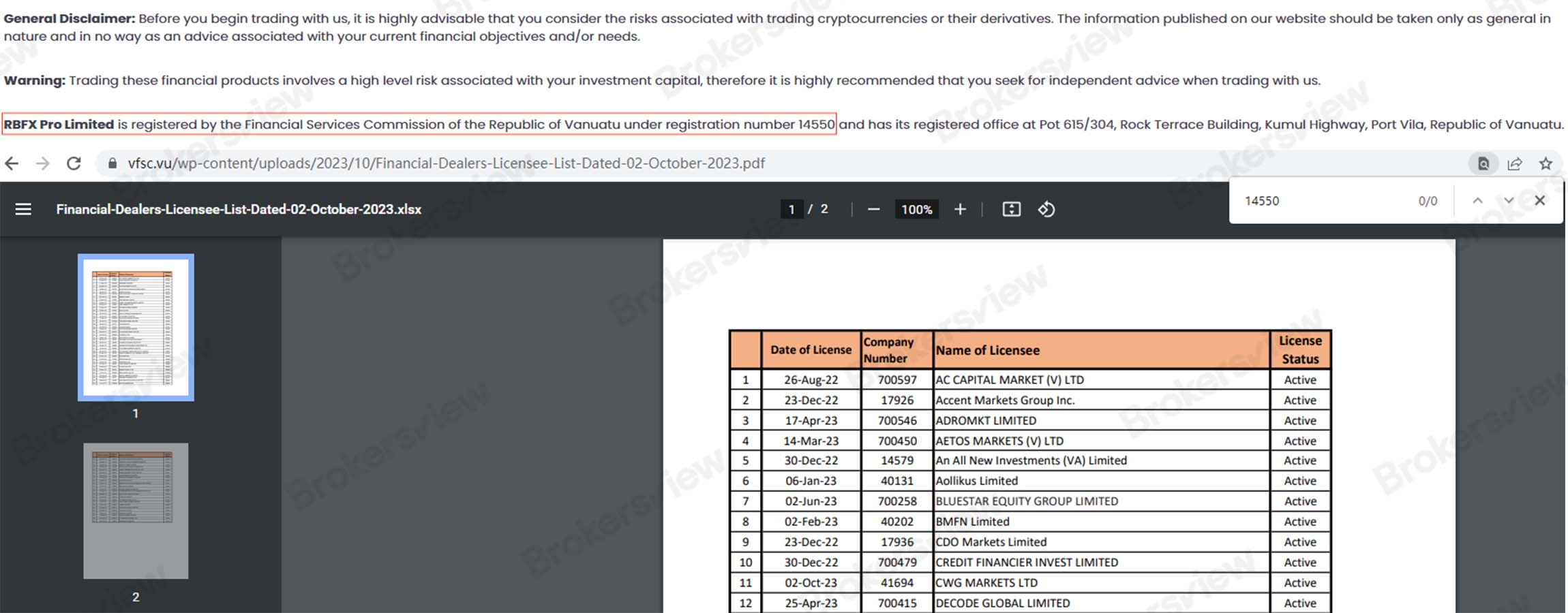 the evidence that RBFX PRO is not regulated by VFSC