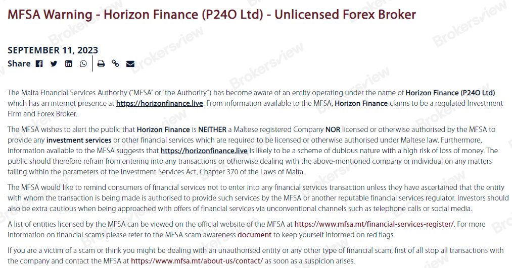 MFSA對Horizon Finance的警告