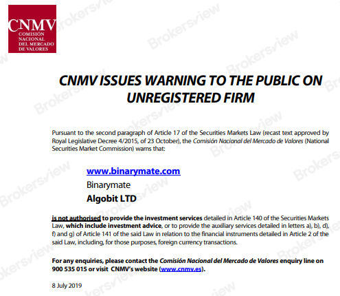 CNMV's warning against Binarymate
