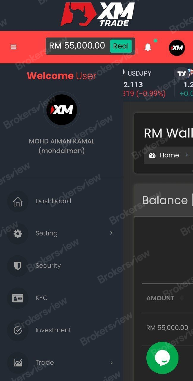 the victim's account at XM Saham Investment