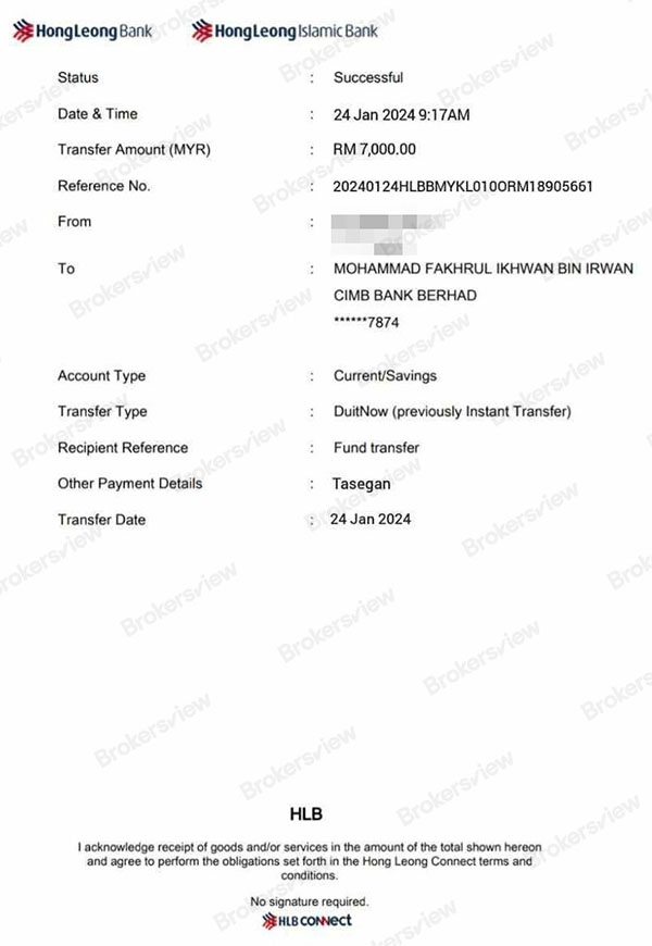 client's transfer to FXTM Investment Syariah