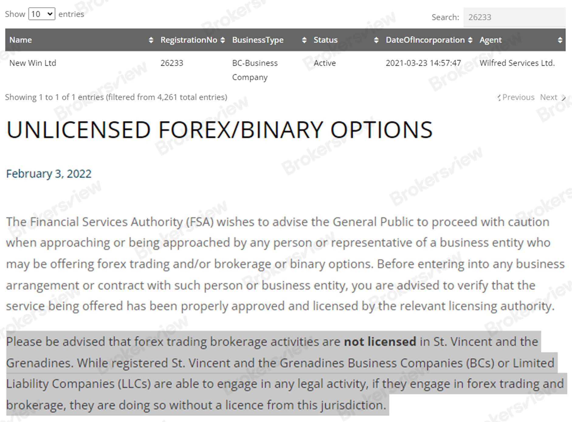 New Win FX's registration with SVG FSA