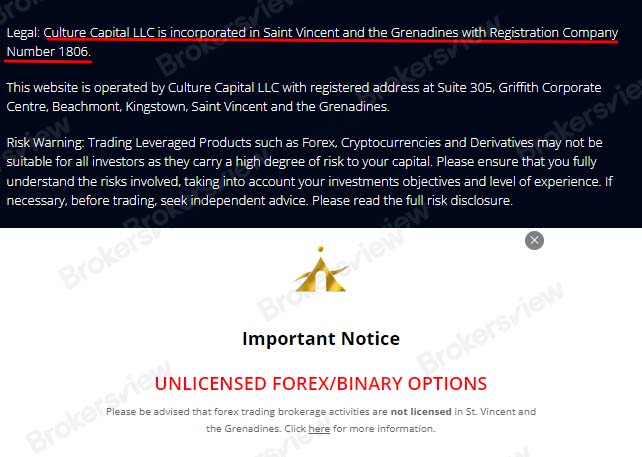 Culture Capital claims to be registered with SVG FSA while the Authority is not a Forex regulator.