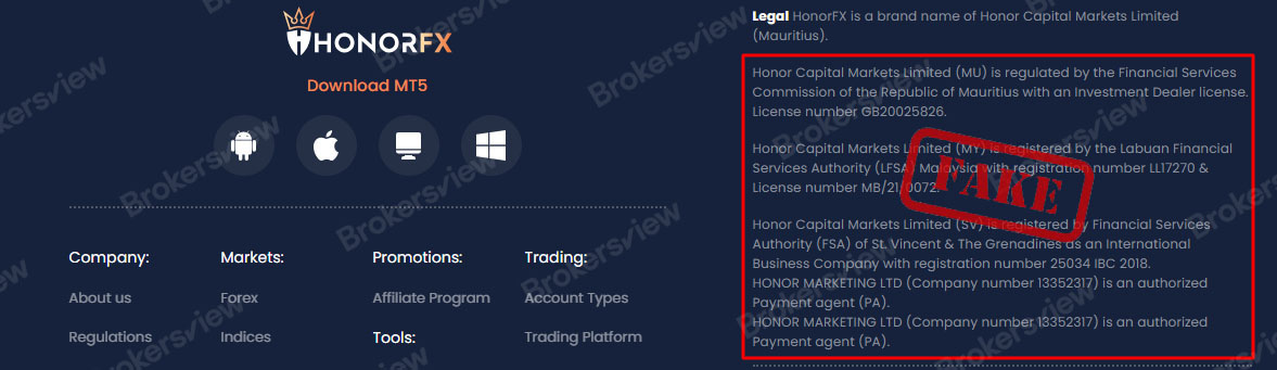 'Regulatory information' provided by HonorFX