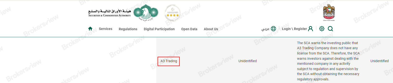 BrokersView: SCA warning against A3Trading