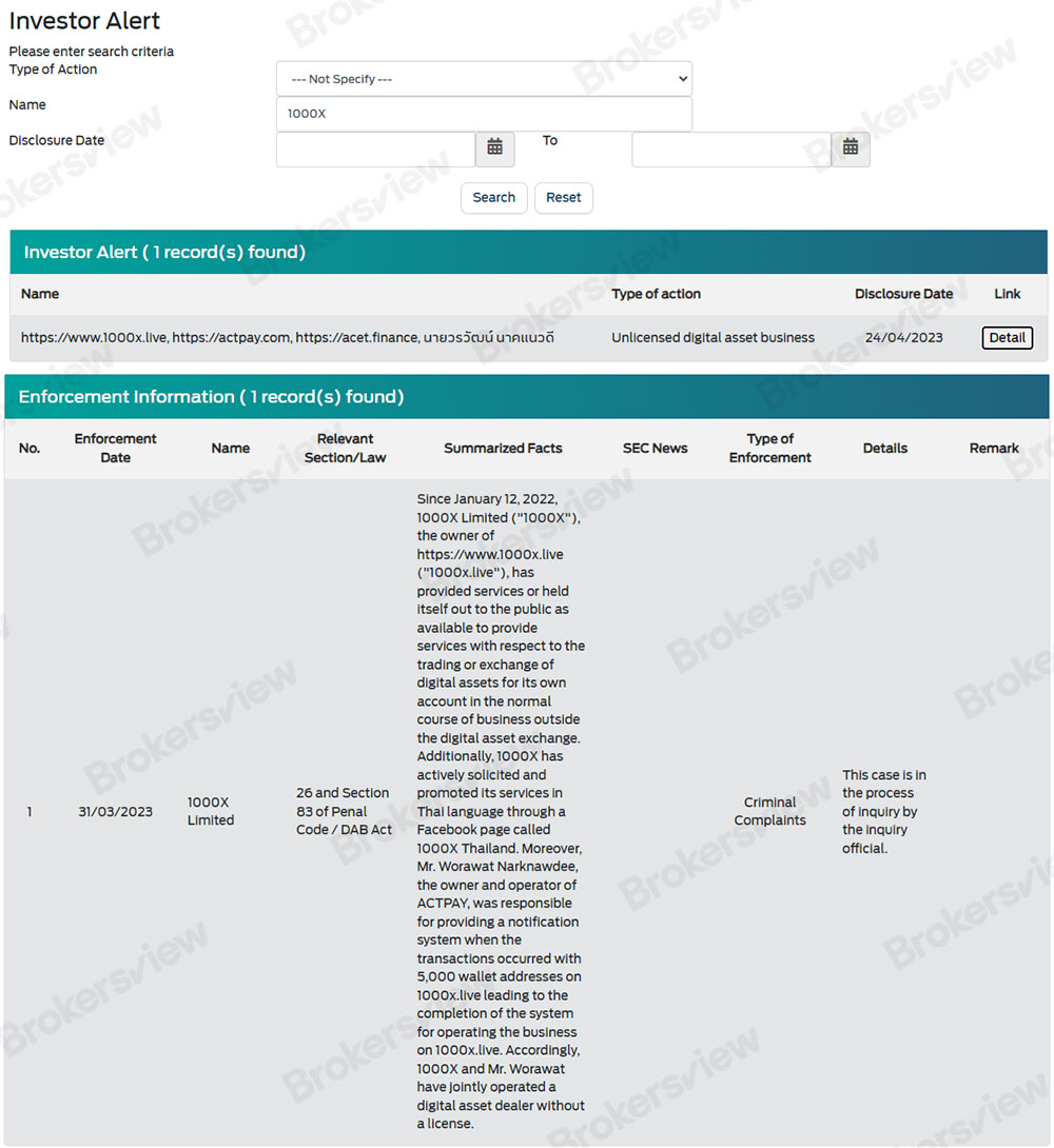 Thailand SEC warned 1000X