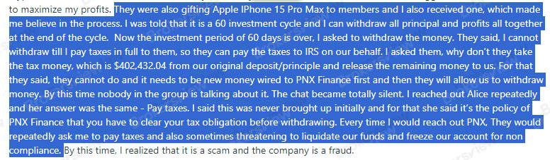 ลูกค้ารายงานพฤติกรรมที่ไม่เหมาะสมของ PNX FINANCE