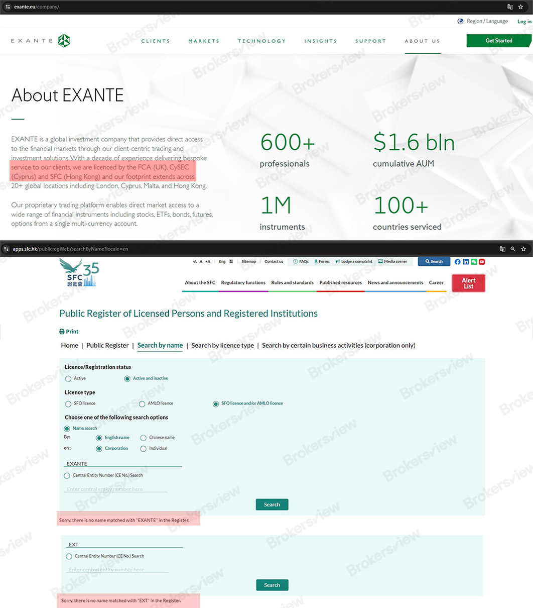 Exante claims to be regulated by SFC but not results were found on SFC portal.