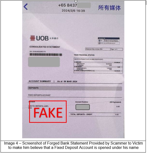 Screenshot of forged bank statement provided by scammer to victim to make him believe that a Fixed Deposit Account is opened under his name: SPF