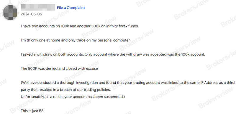 تم تعليق حساب INFINITY FOREX FUNDS الخاص بالعميل