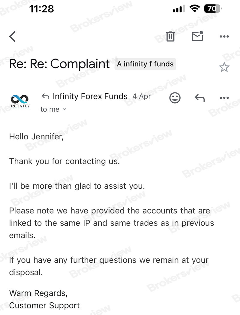 بريد إلكتروني لأموال INFINITY FOREX فيما يتعلق بقضايا الملكية الفكرية