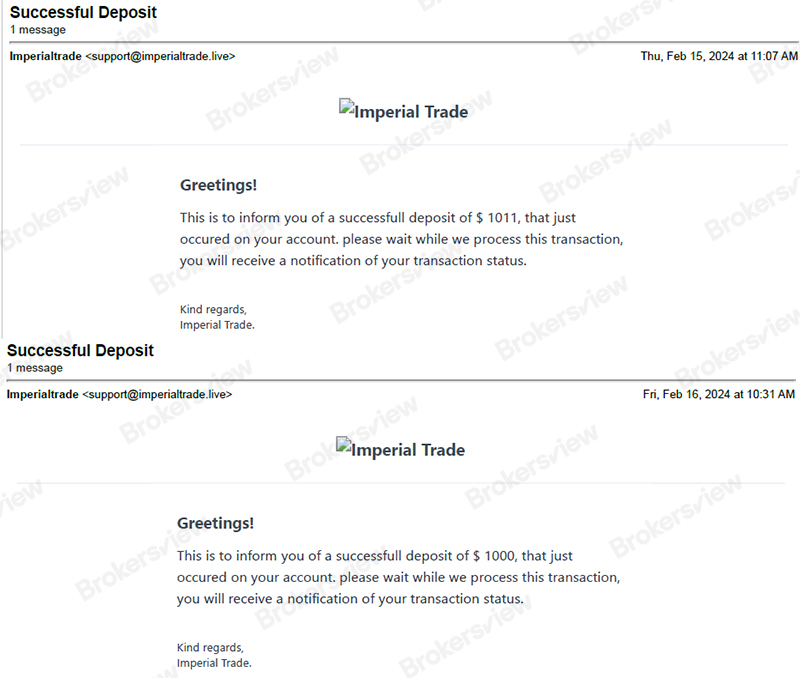 Imperial Trade's deposit notification to client