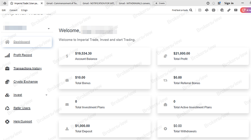 client's account dashboard on Imperial Trade