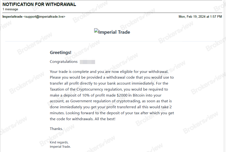 Imperial Trade's notification for demanding crypto taxes 