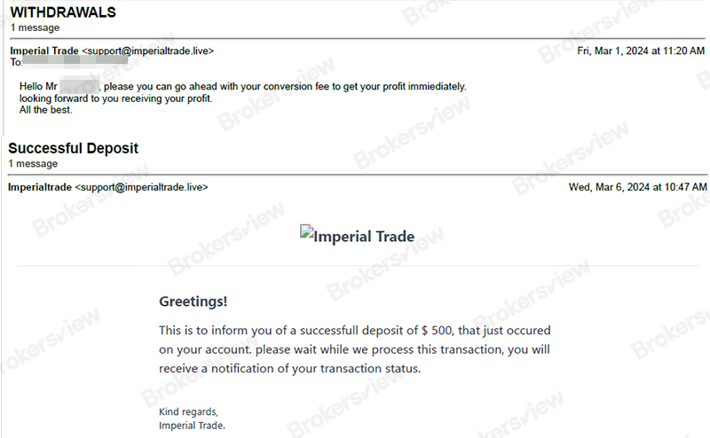 Imperial Trade's email demanding conversion fees