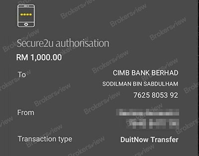 client's transfer to FXTM Global Online Trading