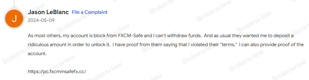 client reported withdrawal issues with the fake FXCM
