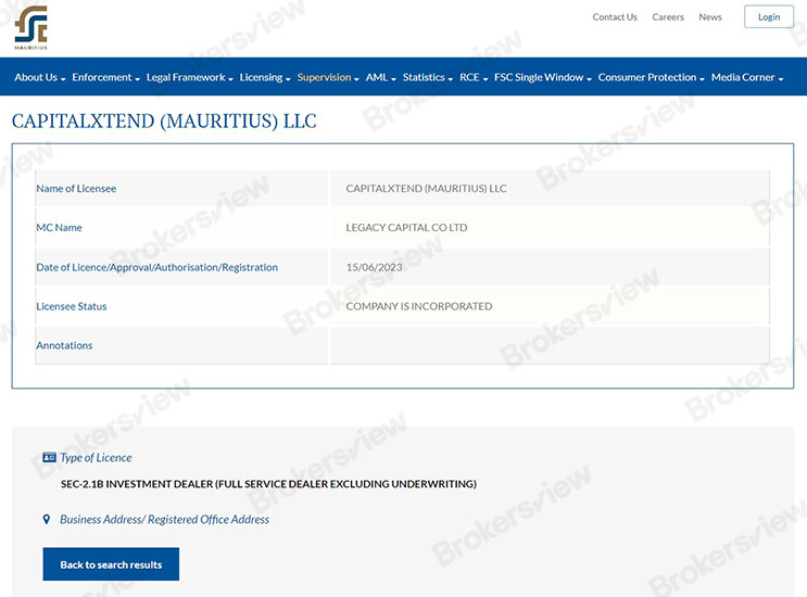No approved details of CapitalXtend can be found on Mauritius FSC's portal