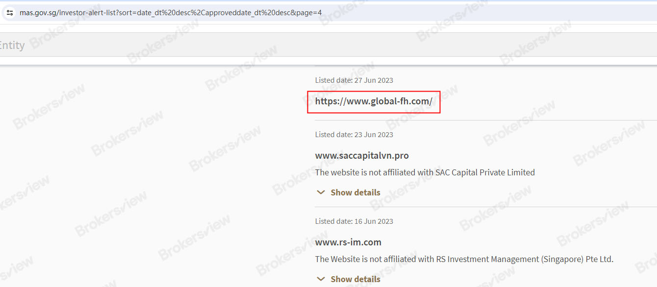 the fake FXCM on the Investor Alert List of MAS