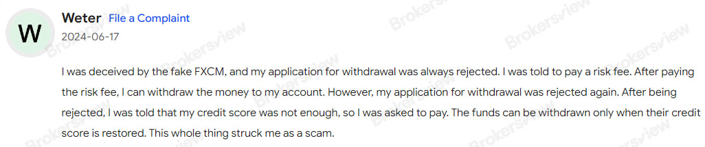 the fake FXCM found to be a scam by client