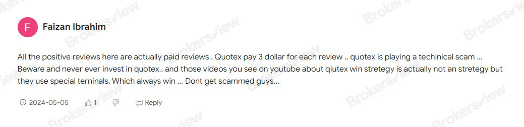 A user believes that Quotex paid for the positive reviews