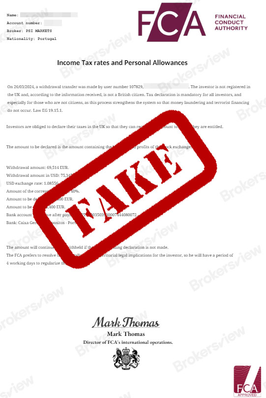 Psi Markets falsifies fake tax declaration notice