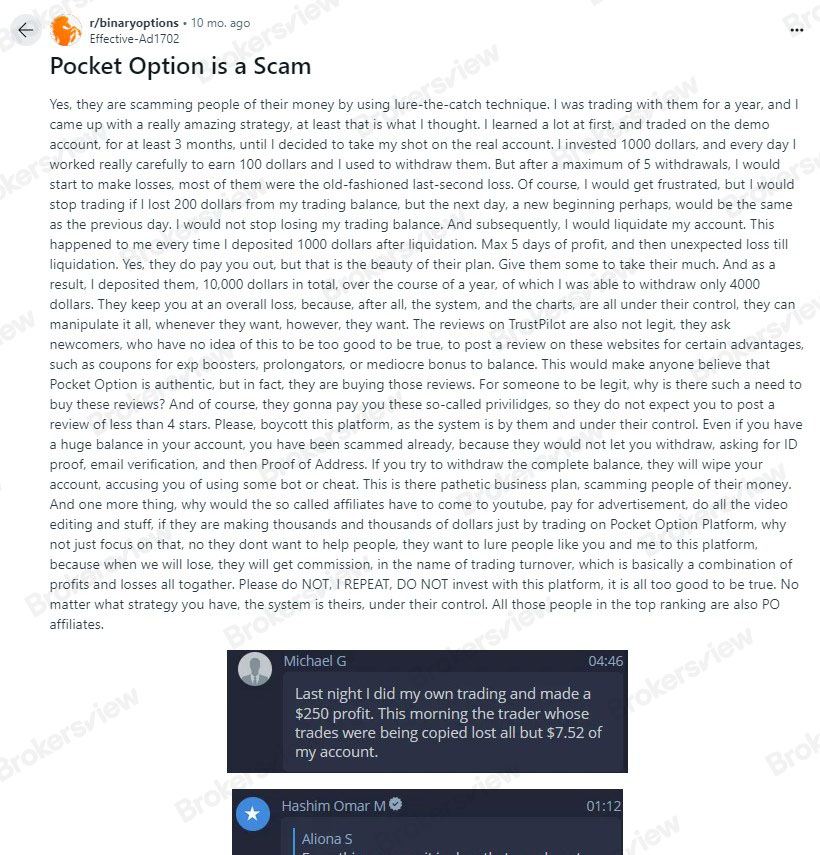 客户指责 Pocket Option 是骗局 来源：Reddit Reddit.