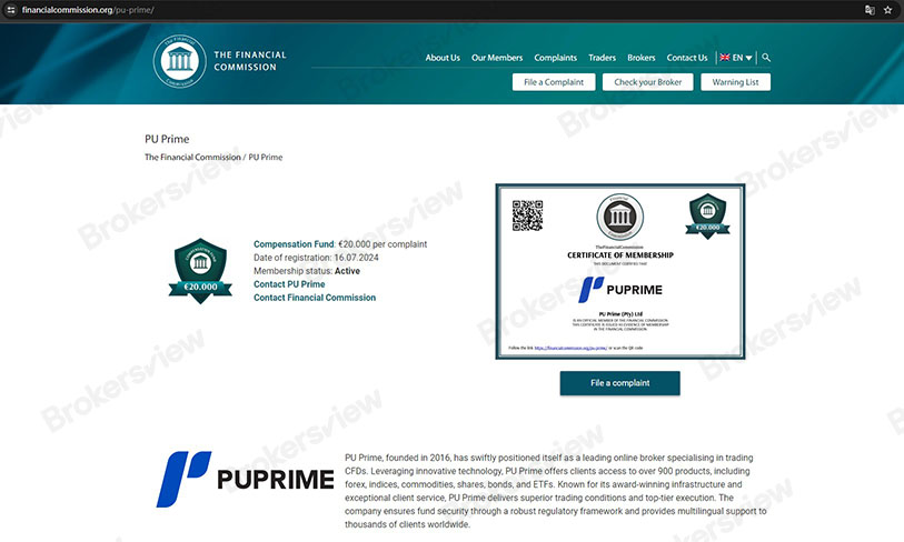 The Financial Commission has announced that PU Prime becomes its newest member.