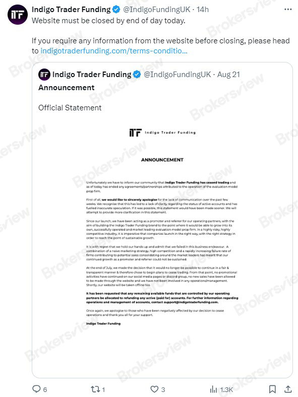 自营交易公司Indigo Trader Funding通过社交媒体平台X宣布停止运营