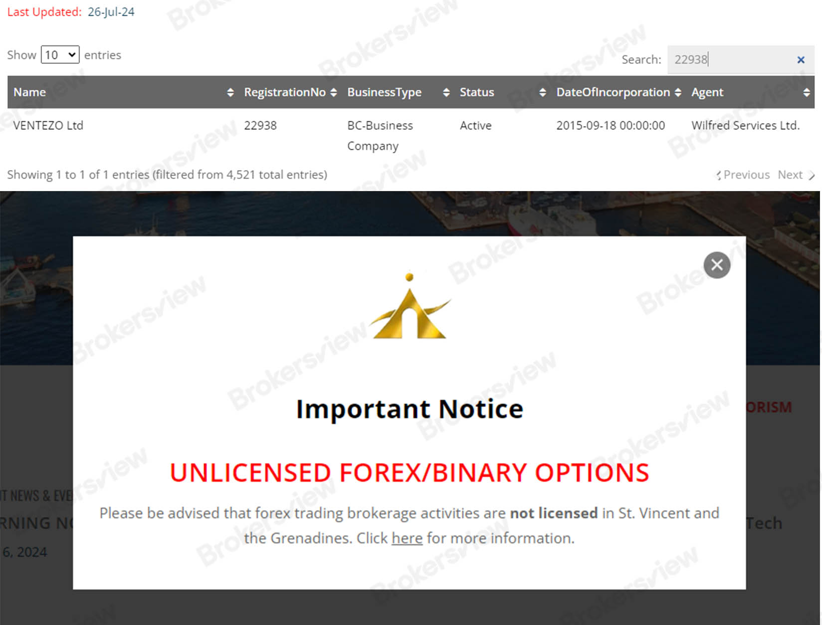 Ventezo는 SVG FSA에 등록되어 있지만 해당 기관은 FX 거래를 규제하지 않습니다