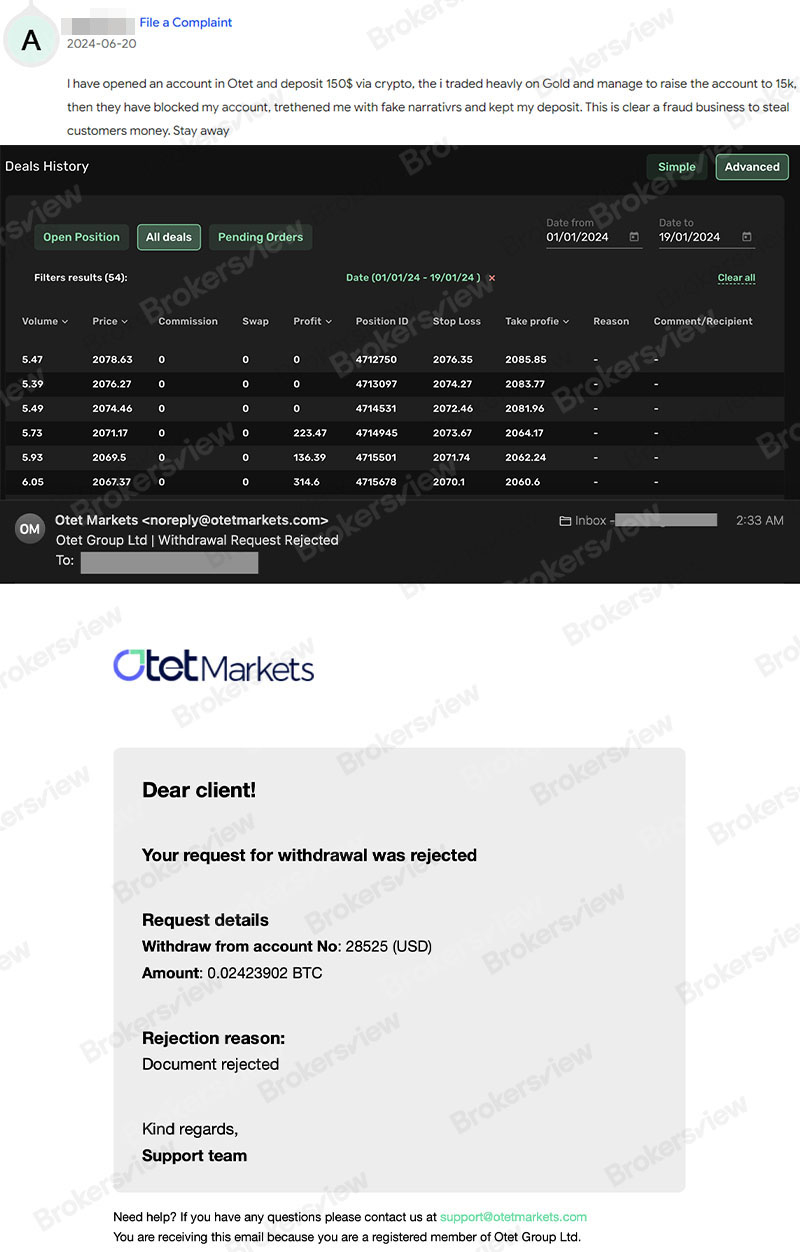 客户对Otet Group LTD的投诉及提交的证据