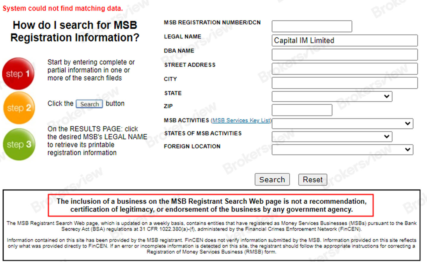 Capital IM Limited is not registered as an MSB with FinCEN