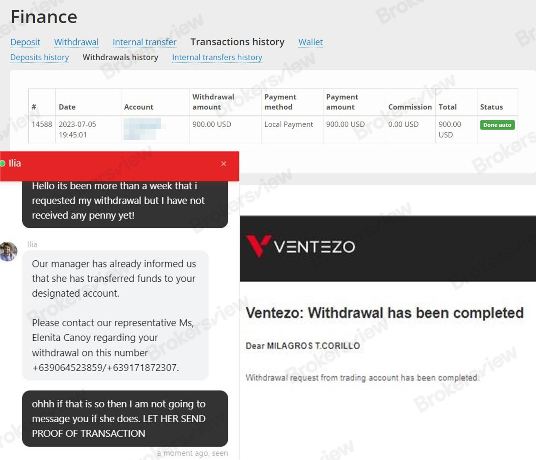Ventezo 고객이 출금이 전달되지 않는다고 보고합니다
