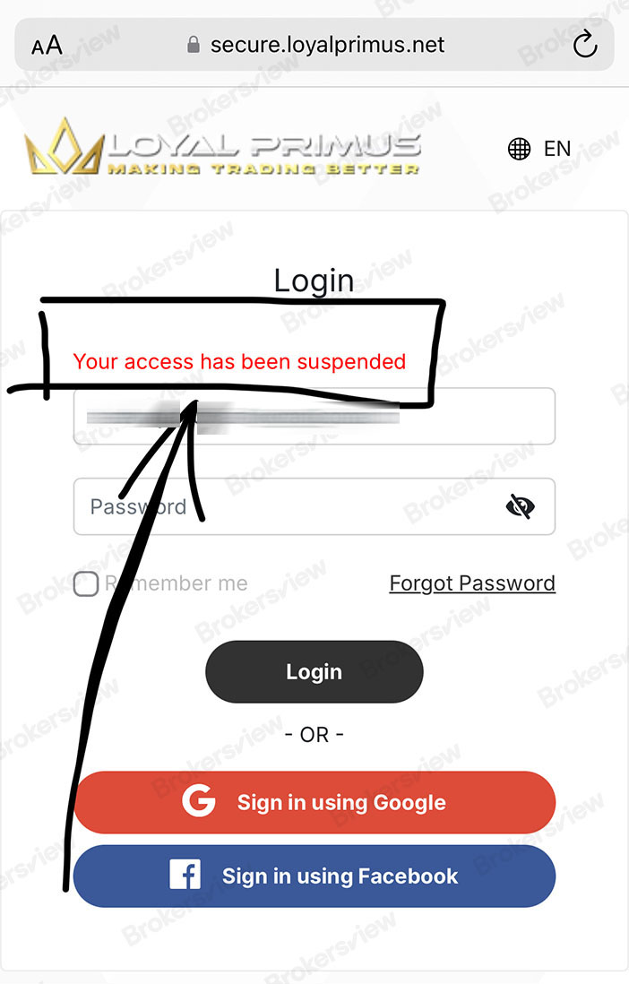 The victim couldn't log in to the Loyal Primus web dashboard area