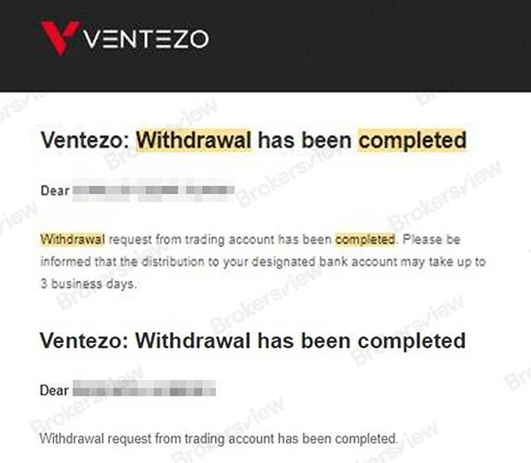 철회가 완료되었지만 고객이 철회를 시작한 것이 아니라는 Ventezo의 이메일 알림