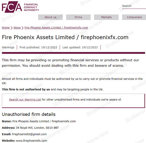 FCA's warning against FIRE PHOENIX