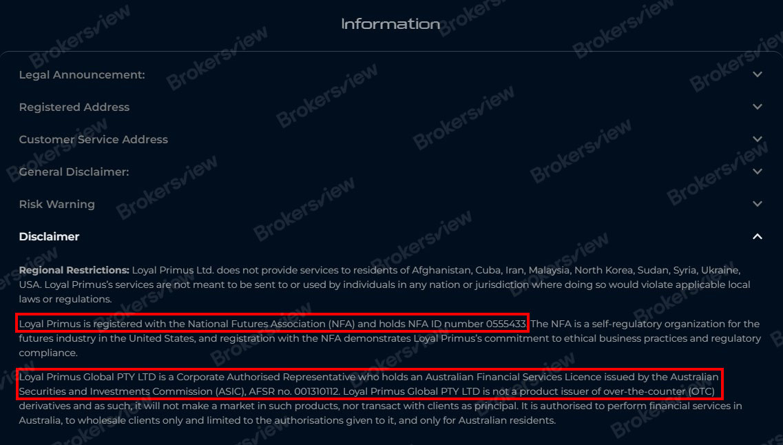 Disclaimer on Loyal Primus' website