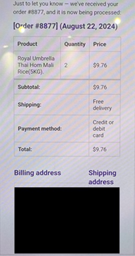 Screenshots of order confirmation email sent by the scammer