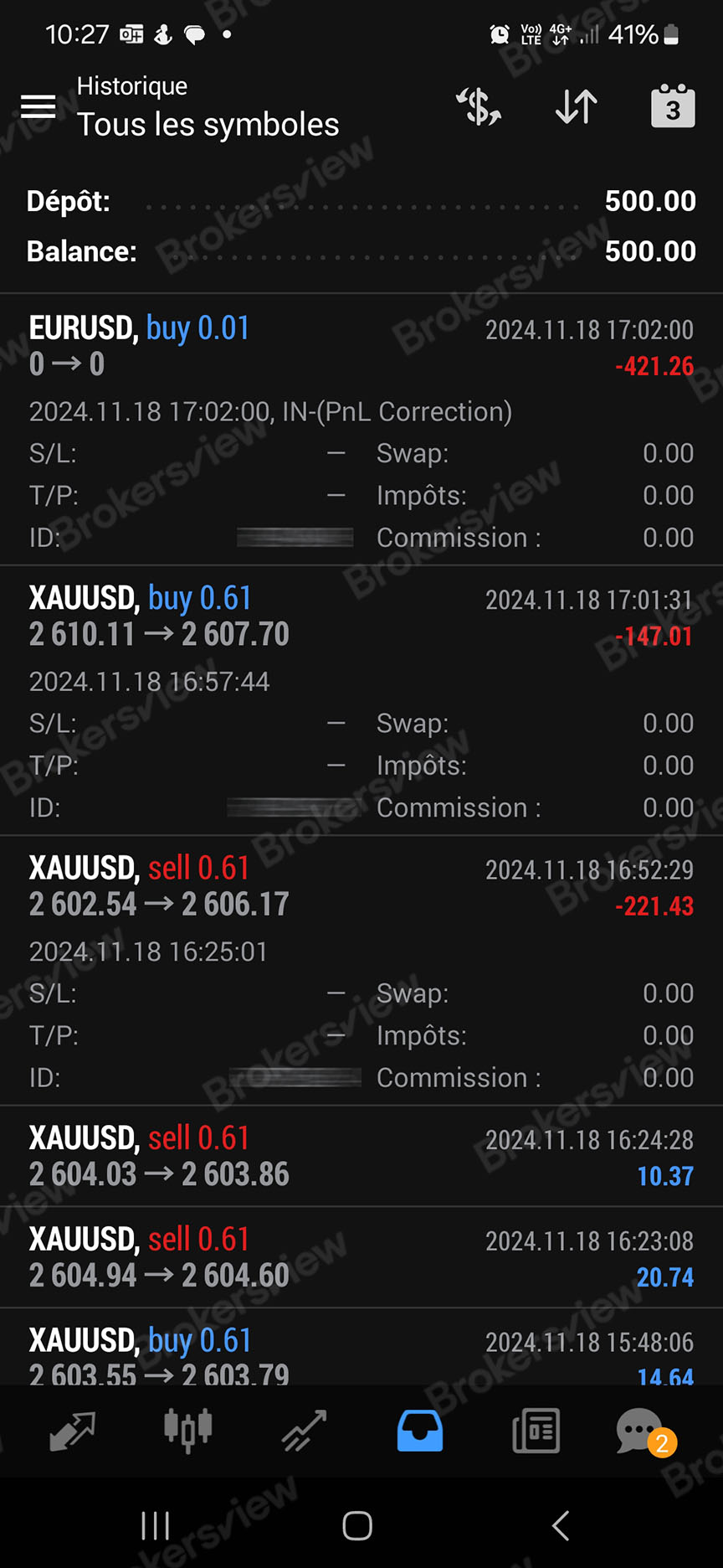 ภาพหน้าจอของประวัติการซื้อขายที่เสนอโดยนักลงทุน