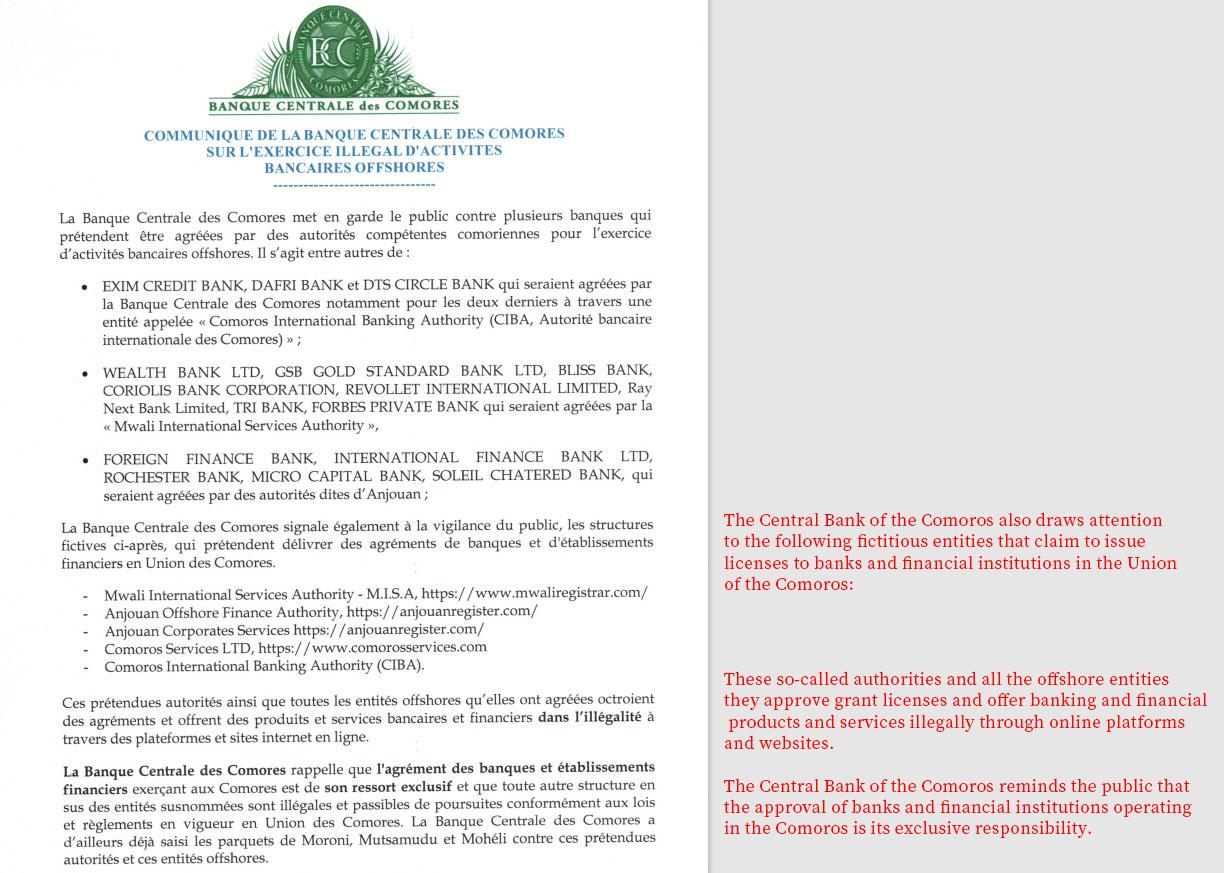 Central Bank of Comoros Annouces that MISA is fake