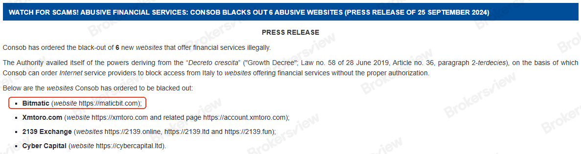 BitMatic已受到CONSOB的警告