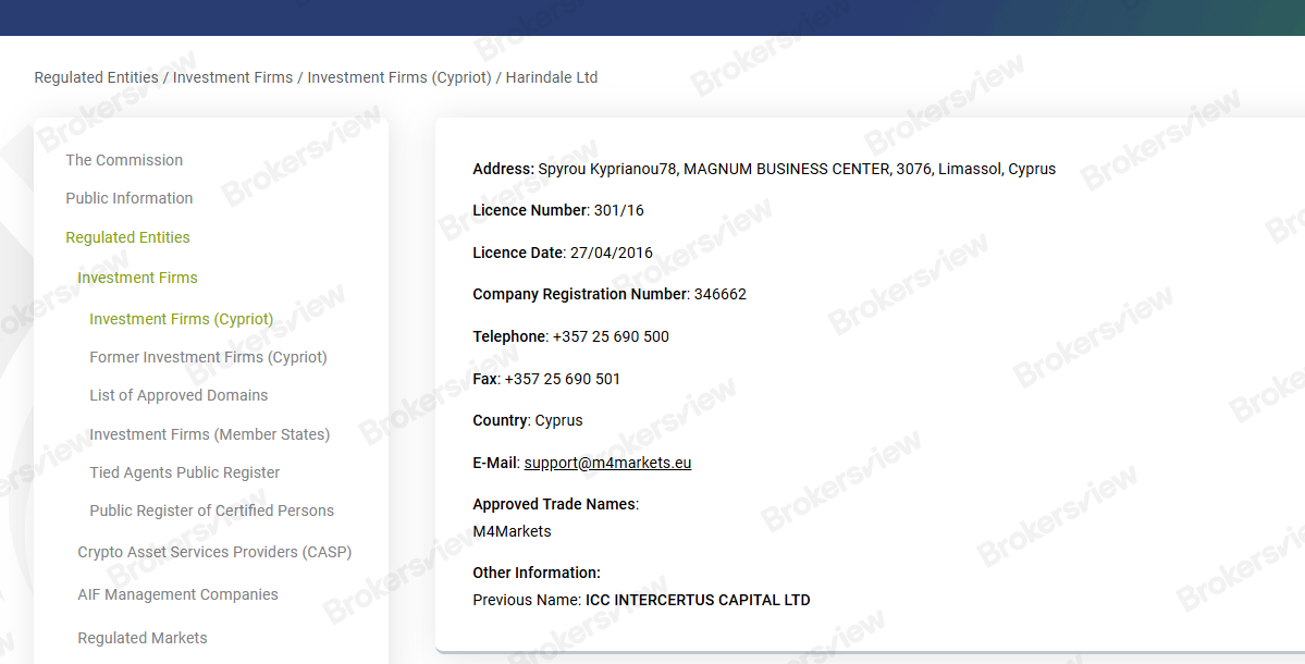CySEC license detail page of 301/16