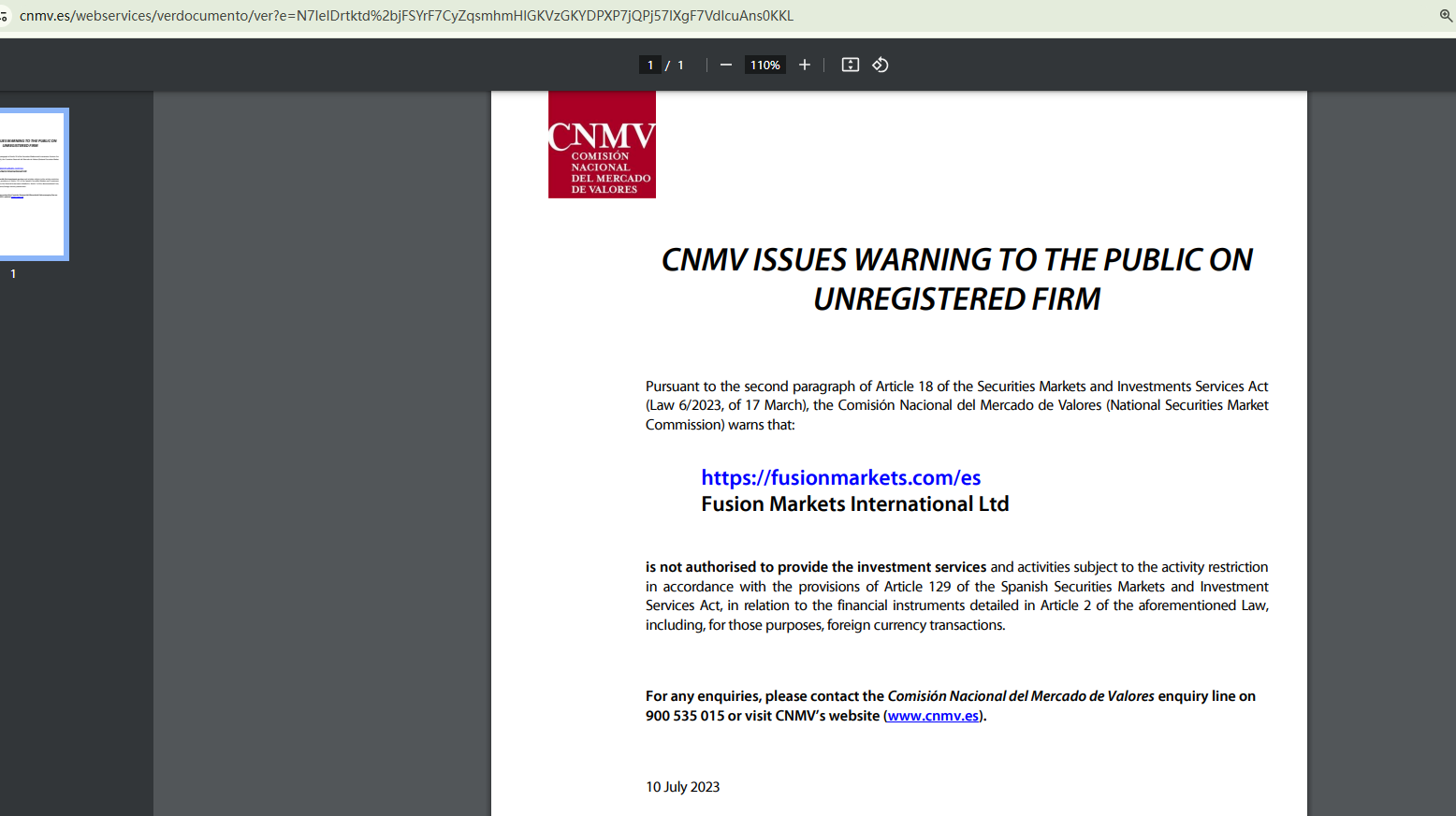 Fusion Markets CNMV warning
