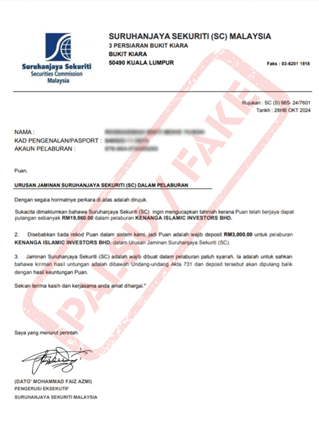 Kenanga Islamic Investors misuses the name and credentials of the SC-licensed firm Kenanga Islamic Investors Berhad (eCMSL/A0237/2008) and SC’s name and logo.
