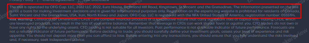 Esperio claims to be operated by a SVG FSA-registered company