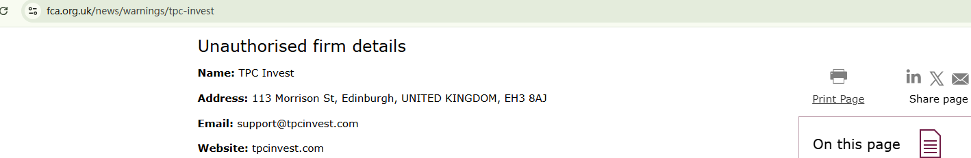 TPC Invest scam FCA warning