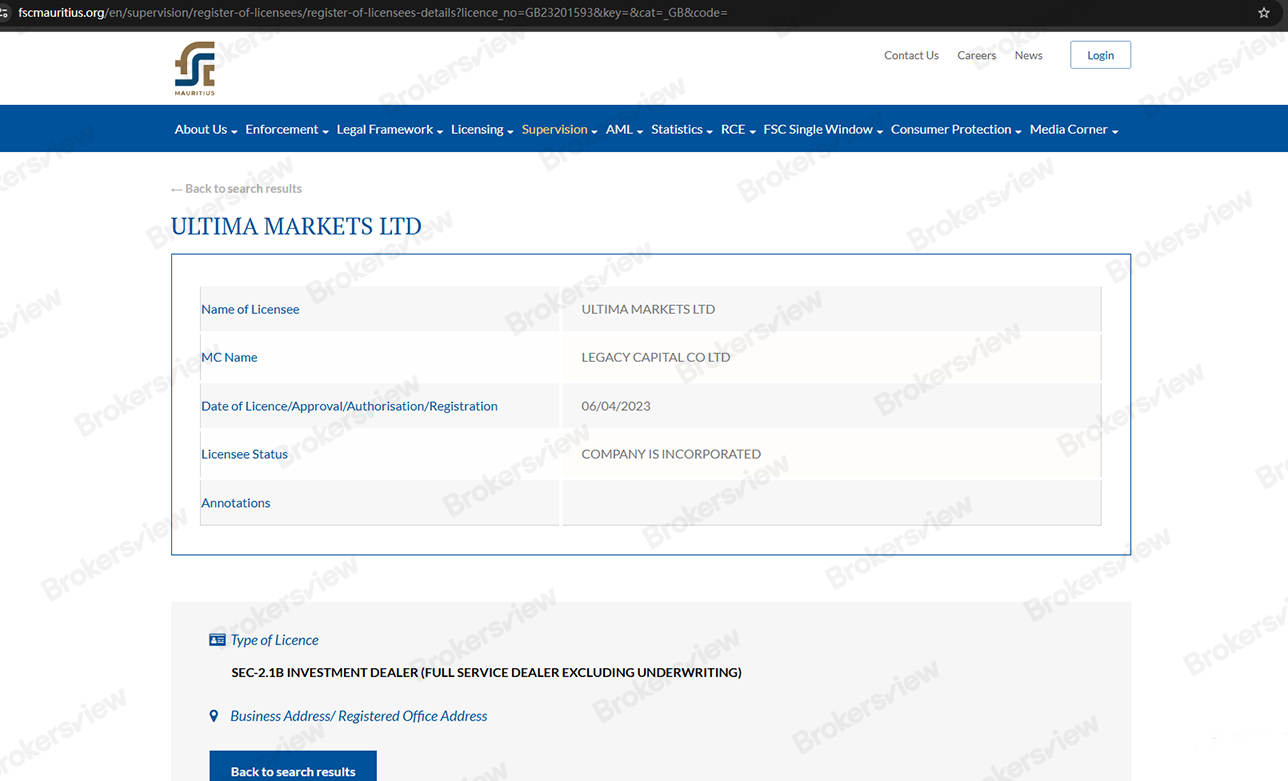 Ultima Markets Ltd 在 FSA 中的监管页面