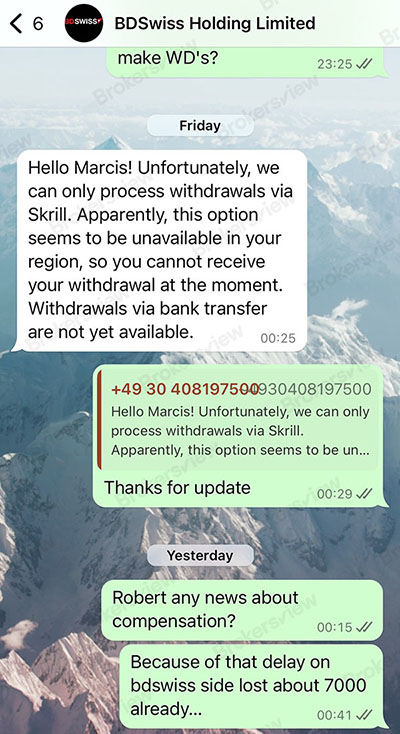 BDSwiss客户支持回复客户询问,提及技术问题